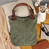 Schultertasche Henkeltasche Shopper Damentasche Veloursleder Leder grün LE0054