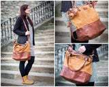 XXL Shopper Schultertasche Beuteltasche Leder Canvas cognac LE2005