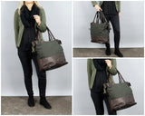 XXL Shopper Schultertasche Beuteltasche Leder Canvas grün LE2005