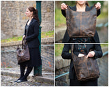 große Umhängetasche Schultertasche Beuteltasche Damentasche Leder schlamm LE0055