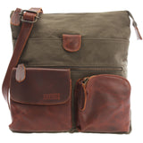 Umhängetasche Schultertasche Damen Herren Used Look Leder Canvas grün LE3011