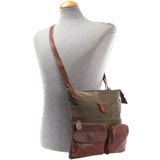 Umhängetasche Schultertasche Damen Herren Used Look Leder Canvas grün LE3011
