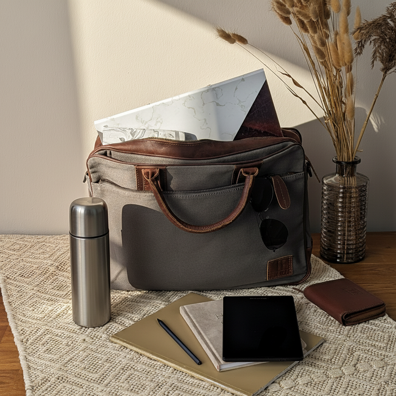 Aktentasche Handgepäck Trolleytasche Canvas Leder grau LE3066