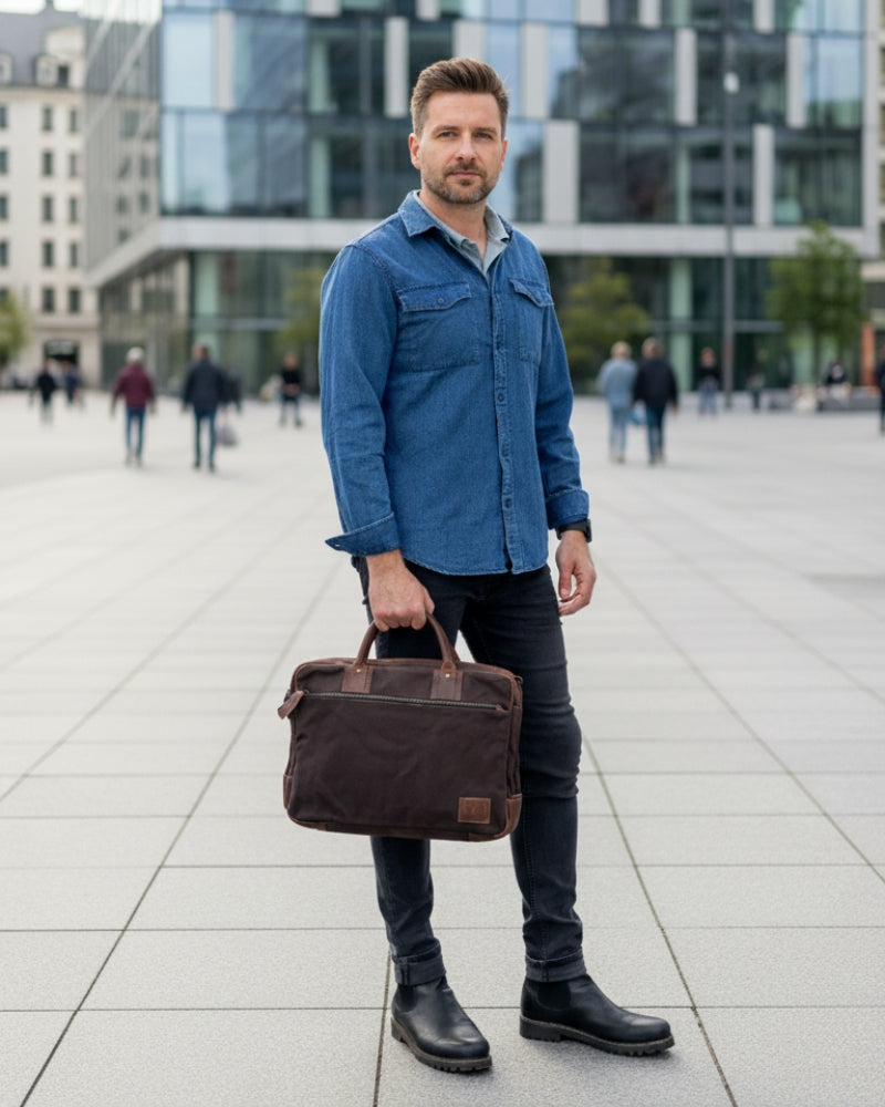 Aktentasche Arbeitstasche Bürotasche Canvas Leder mokka LE3066