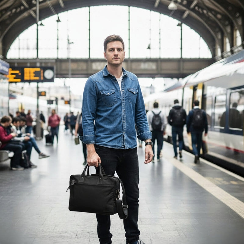 Aktentasche Handgepäck Trolleytasche Canvas Leder schwarz LE3066