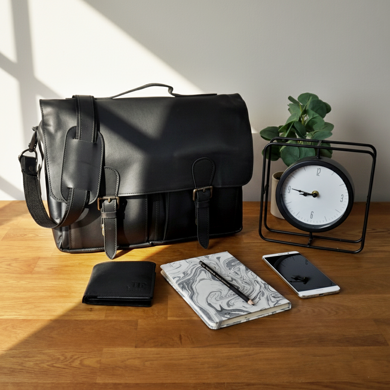 Messenger Bag Collegetasche DIN A4 Aktentasche Leder schwarz LE3029