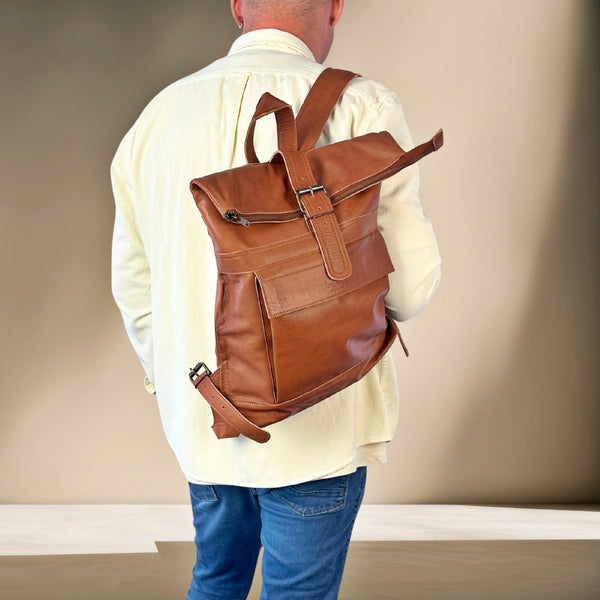 Roll Top Rucksack Lederrucksack Freizeitrucksack Damen Herren Leder cognac LE1025