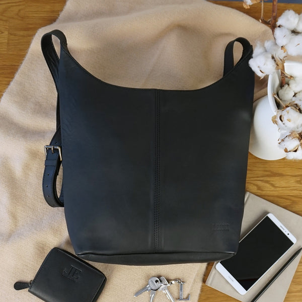große Umhängetasche Schultertasche Beuteltasche Damentasche Leder schwarz LE0055