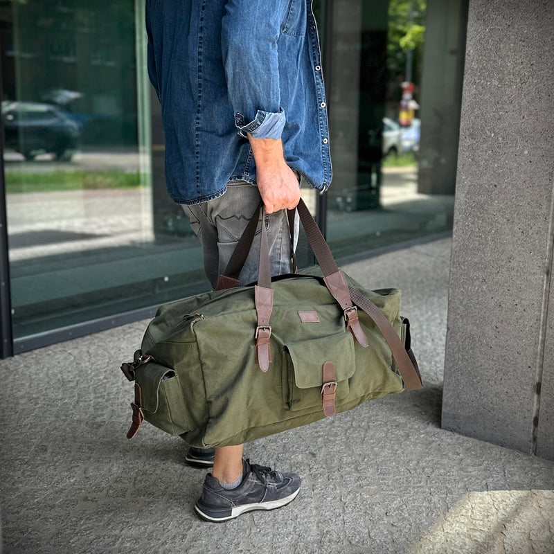 großer Weekender Reisetasche Sporttasche Damen Herren Leder Canvas grün LE2019