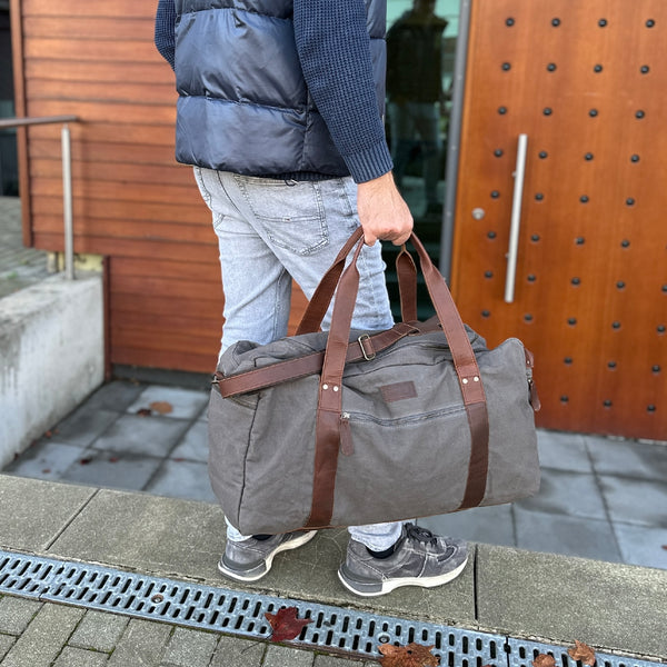 großer Weekender Sporttasche Reisetasche Damen Herren Leder Canvas grau LE2025