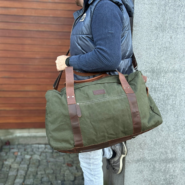 großer Weekender Sporttasche Reisetasche Damen Herren Leder Canvas grün LE2025