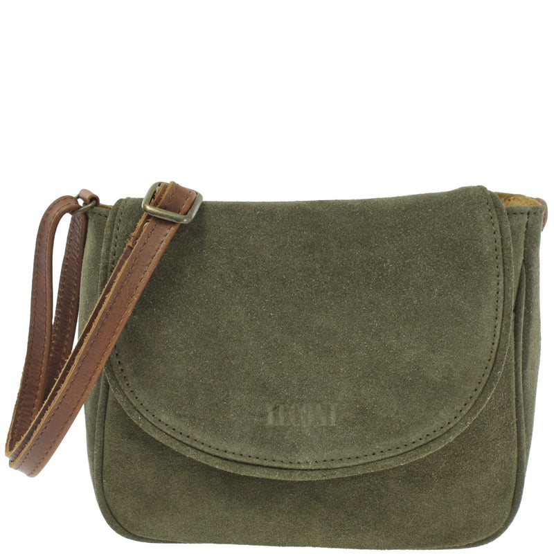 Leconi kleine Umhängetasche Ledertasche Damentasche Schultertasche Veloursleder grün LE3047