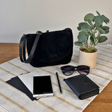 kleine Umhängetasche Ledertasche Damentasche Schultertasche Veloursleder schwarz LE3047