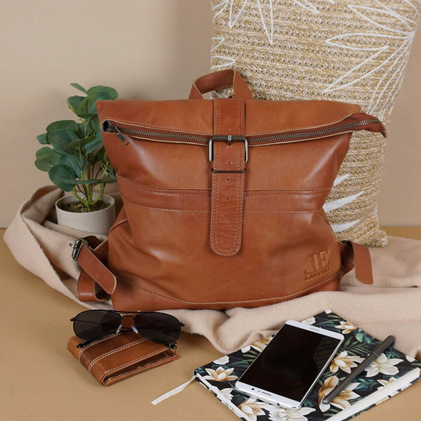 kleiner Roll Top Cityrucksack Rucksack Leder cognac LE1027 –