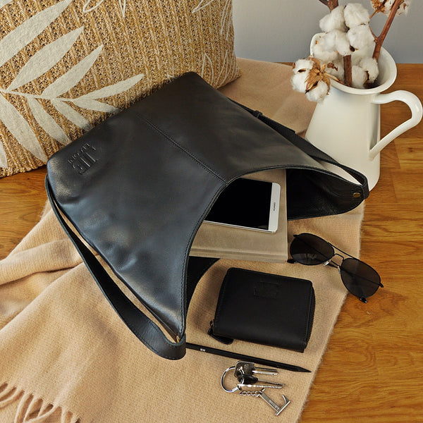 mittlere Umhängetasche Schultertasche Beuteltasche Damentasche Leder schwarz LE0072