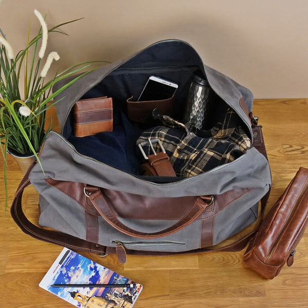 große Reisetasche Weekender Handgepäck Canvas Leder grau LE2020