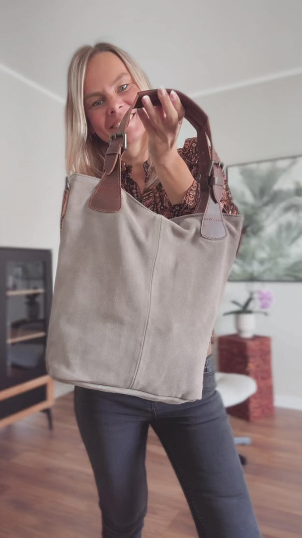 Schultertasche Henkeltasche Shopper Damentasche Veloursleder Leder grau LE0054