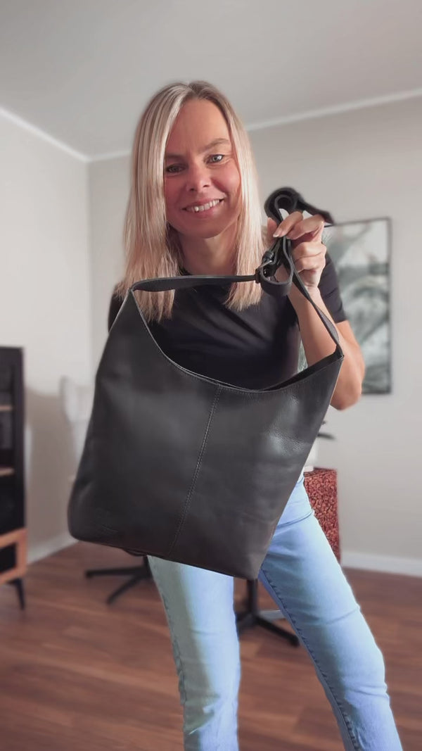 mittlere Umhängetasche Schultertasche Beuteltasche Damentasche Leder schwarz LE0072