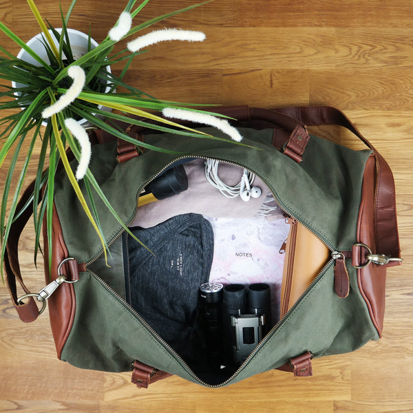 B-Ware Weekender Reisetasche Sporttasche vintage Leder Canvas 53cm grün LE2004