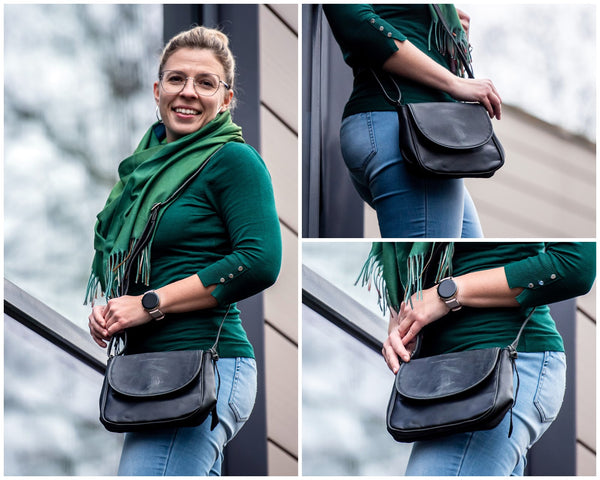 Leconi Umhängetasche Grau Leder Kleine Damentasche Kleine