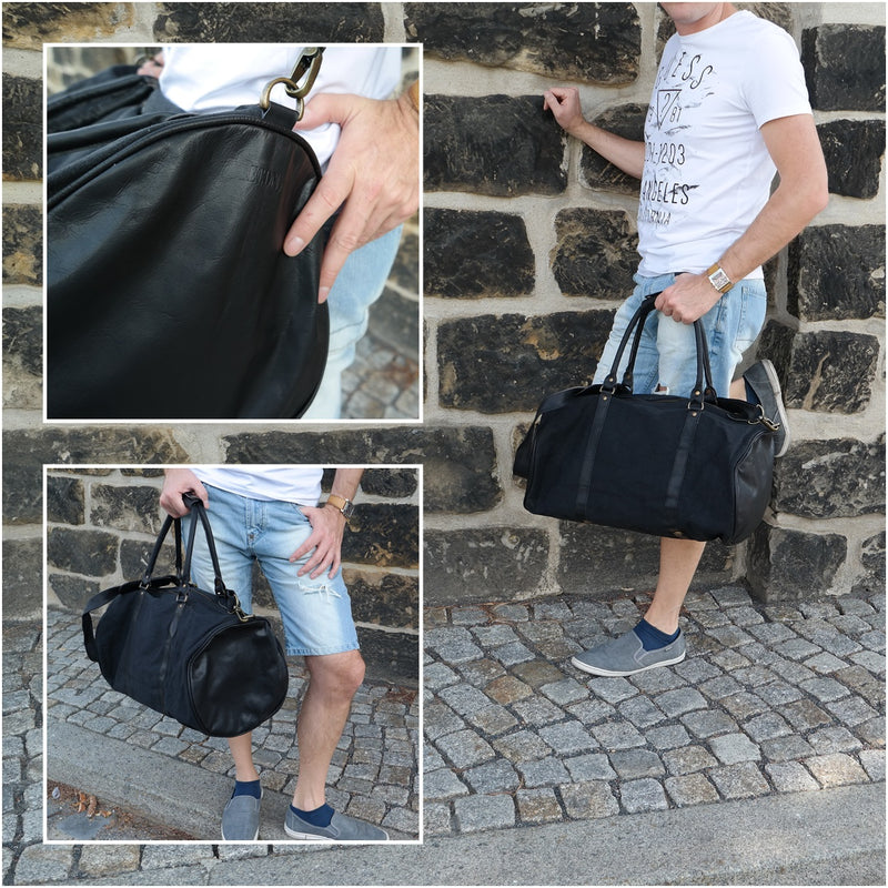 Reisetasche aus Leder und Canvas mit schwarzem Damier LO…